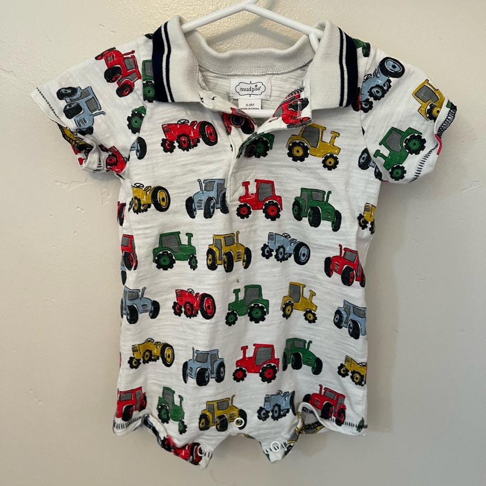 Mud Pie Baby Romper with Colorful Tractor Design
